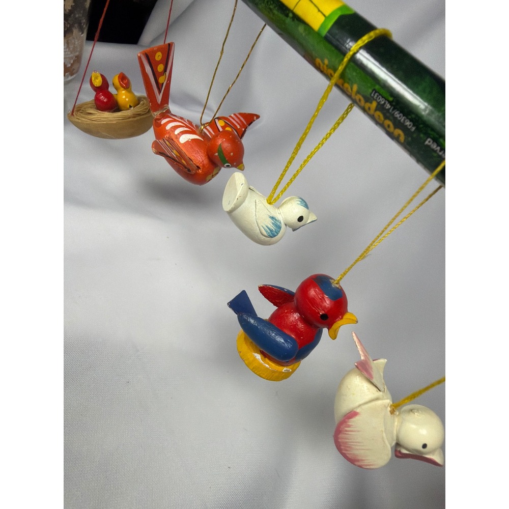 Vintage Hand Painted Wooden Bird Ornaments Set of 5 Multi Color Folk Art Style